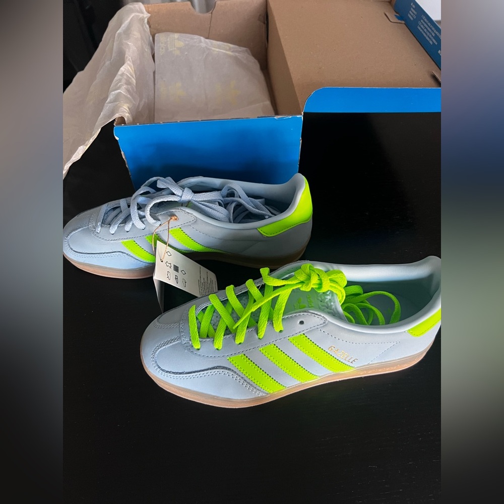 NWT Adidas Gazelle — Light Blue and Neon Green - US 6.5
